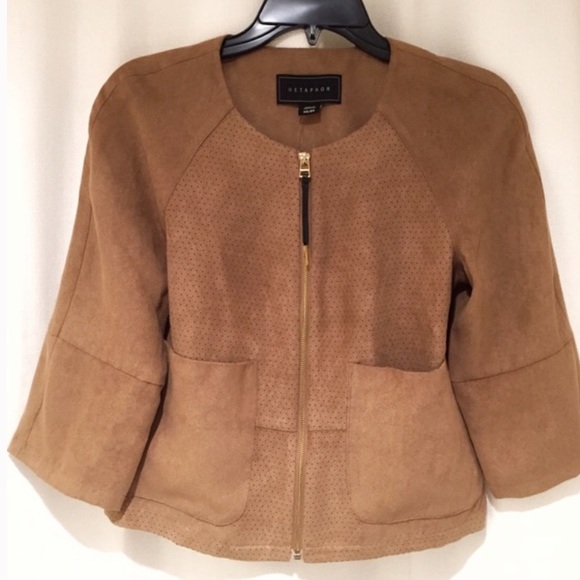 Tan Suede Jacket with Gold Zipper - Picture 6 of 7